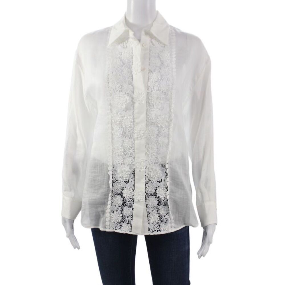 Zimmermann Womens White Collared Ramie Button Up Long Sleeve Blouse Size 0